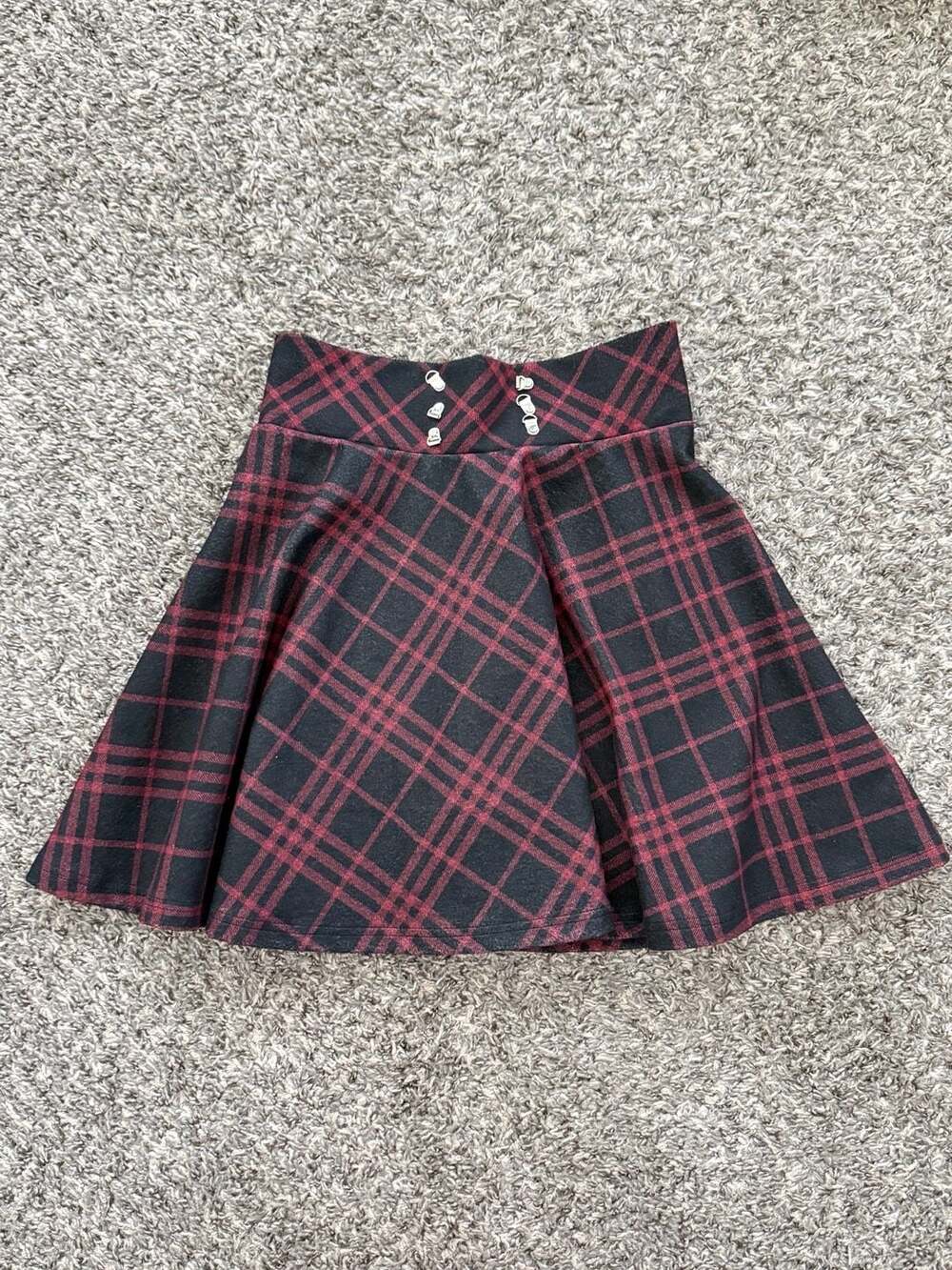 Y2k Alt Grunge Red and Black Plaid A-Line High Waisted Mini Skirt with Silver Cl